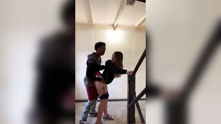 White gf takes black cock on the stairway